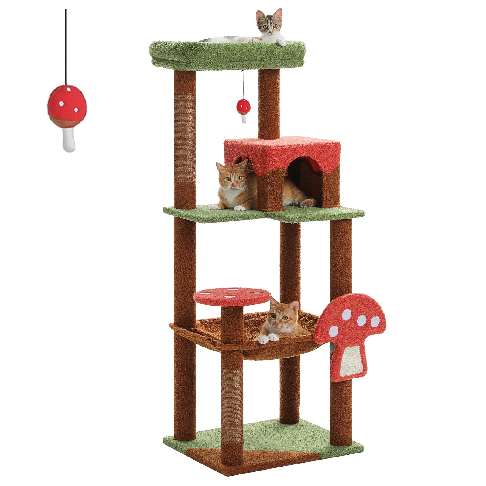 Arbre a chat design theme champignon avec cabane rouge, plusieurs plateformes, poteaux griffoir en sisal et jouet suspendu