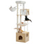 Arbre a chat design en bois avec motifs pattes decoratifs, condo en cube, panier suspendu, poteaux griffoir en sisal et plateforme superieure rembourree