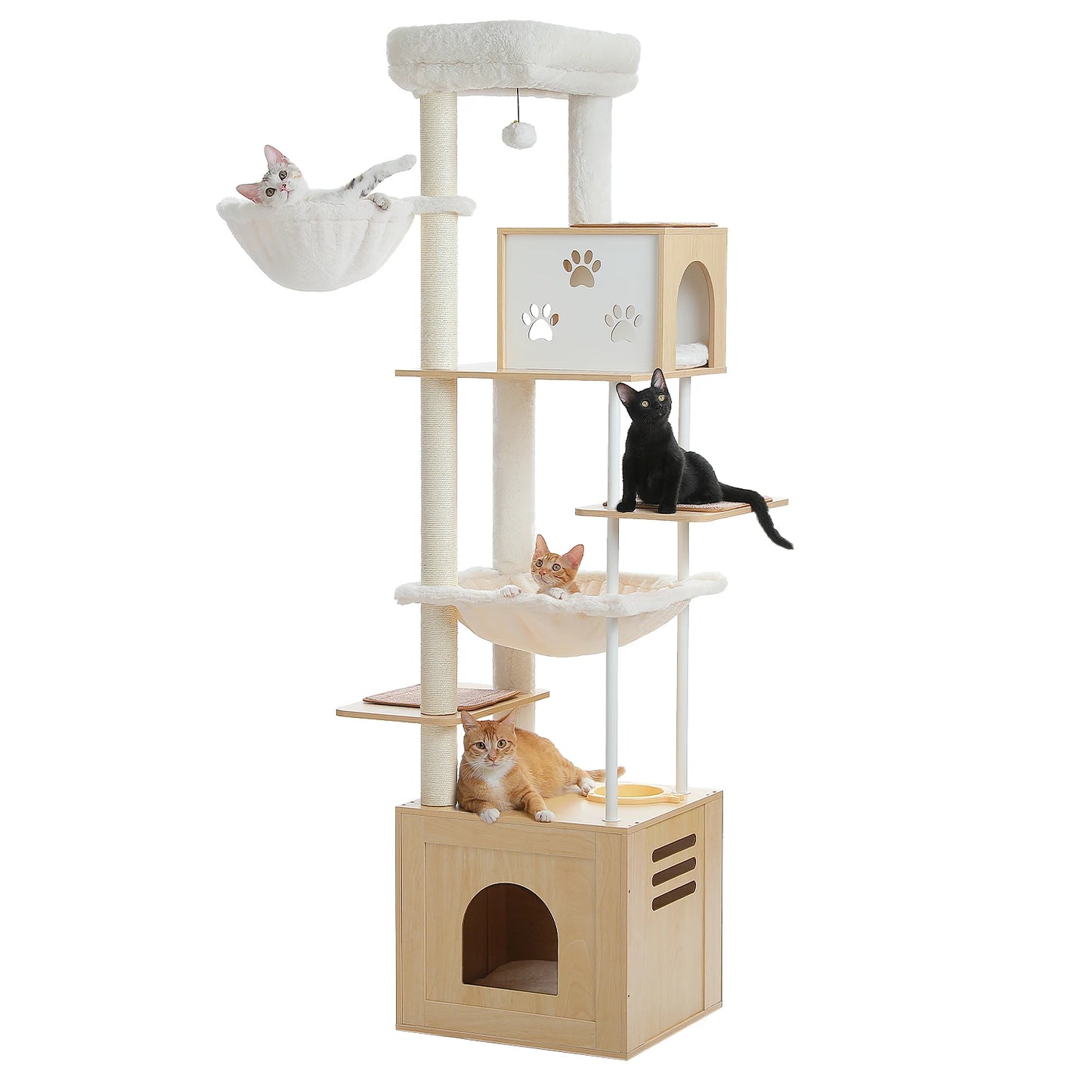 Arbre a chat design en bois avec motifs pattes decoratifs, condo en cube, panier suspendu, poteaux griffoir en sisal et plateforme superieure rembourree