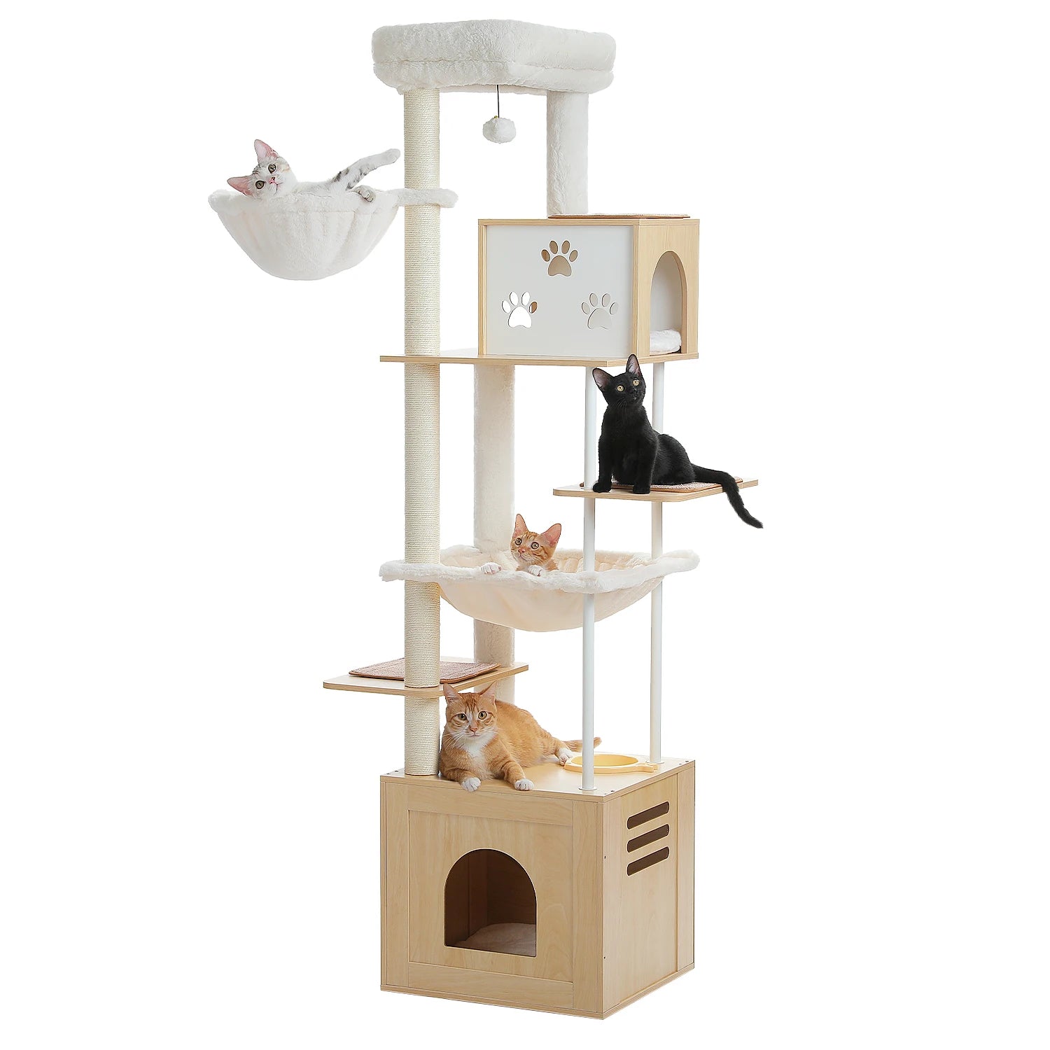 Arbre a chat design en bois avec motifs pattes decoratifs, condo en cube, panier suspendu, poteaux griffoir en sisal et plateforme superieure rembourree