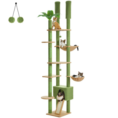 Arbre a chat design tropical vert avec nombreuses plateformes, paniers suspendus, condo central, rampe et poteaux griffoir en sisal