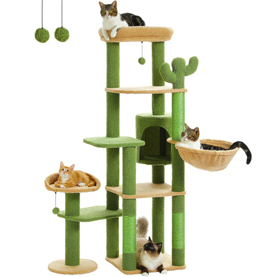 Arbre a chat design style western vert avec nombreuses plateformes, cabane centrale, panier lateral, poteaux griffoir en sisal et jouet suspendu
