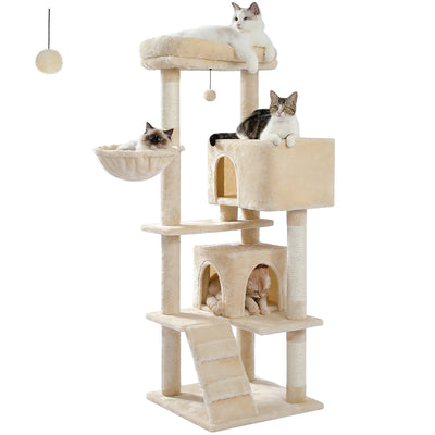 Arbre à chat maine coon beige avec deux maisonnettes, panier suspendu, rampe d acces, poteaux griffoir en sisal et balle