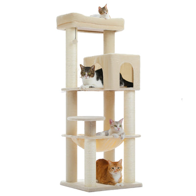 Arbre à chat maine coon beige avec condo ferme, hamac suspendu, tour d observation superieure, poteaux griffoir en sisal et balle