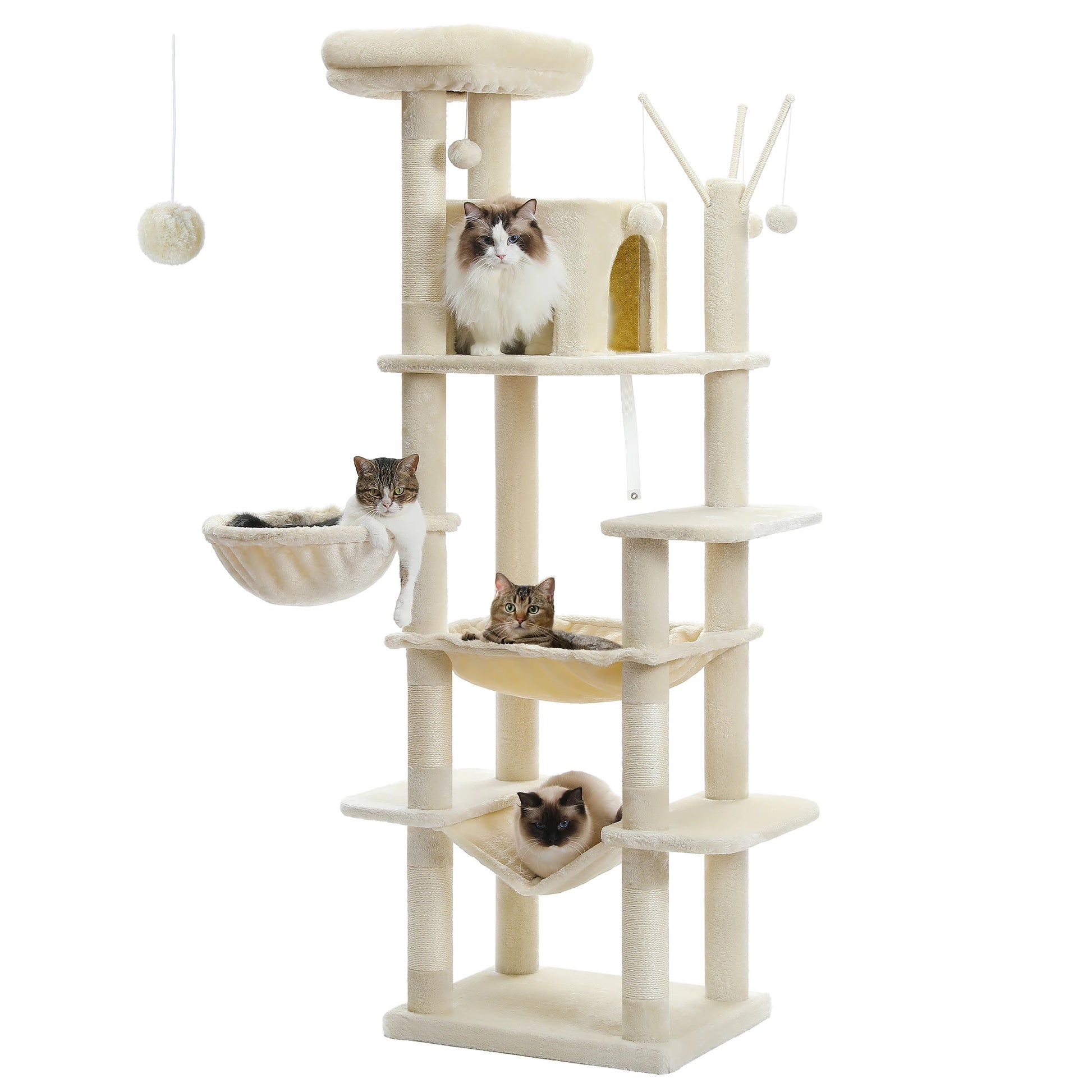 Arbre à chat maine coon beige avec plusieurs etages, paniers suspendus, condo superieur, niche en hauteur et balles