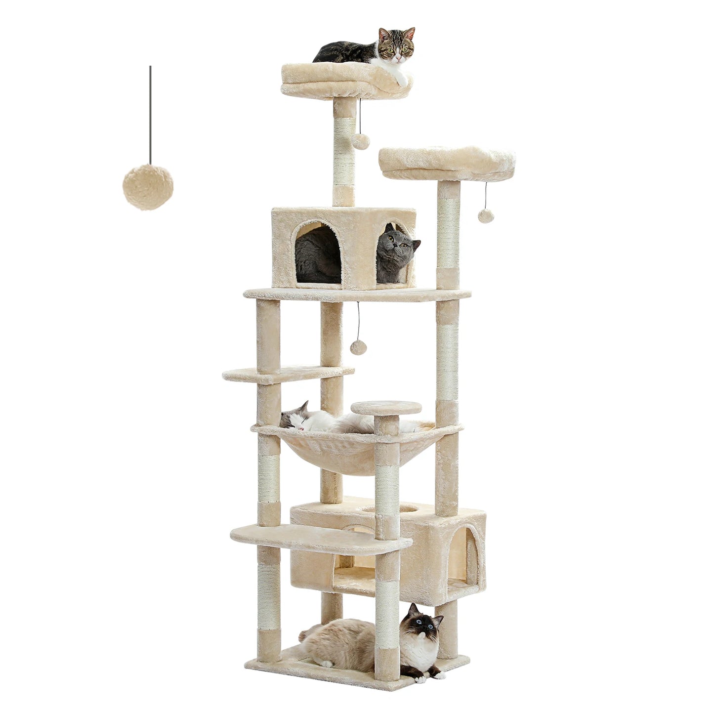 Arbre à chat maine coon beige avec plusieurs niveaux, deux condos fermés, plateformes, hamac suspendu et pompom