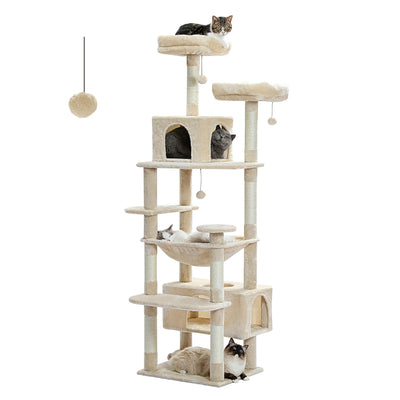 Arbre à chat maine coon beige avec plusieurs niveaux, deux condos fermés, plateformes, hamac suspendu et pompom