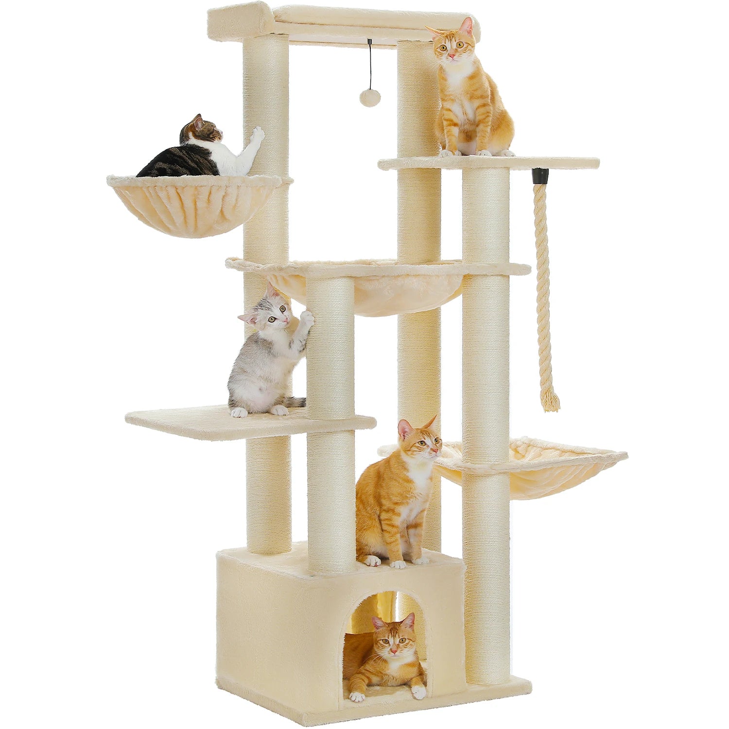 Arbre à chat maine coon beige avec paniers suspendus, hamac central, maisonnette basse, poteaux en sisal et corde a griffer