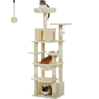 Arbre à chat XXL 164 cm, 2 niches en hauteur, plusieurs supports, 2 condos, pompoms et griffoir sisal - Talumera
