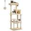 Arbre à chat maine coon beige avec plateformes superposées, maisonnette, hamac suspendu, perchoir supérieur et pompom