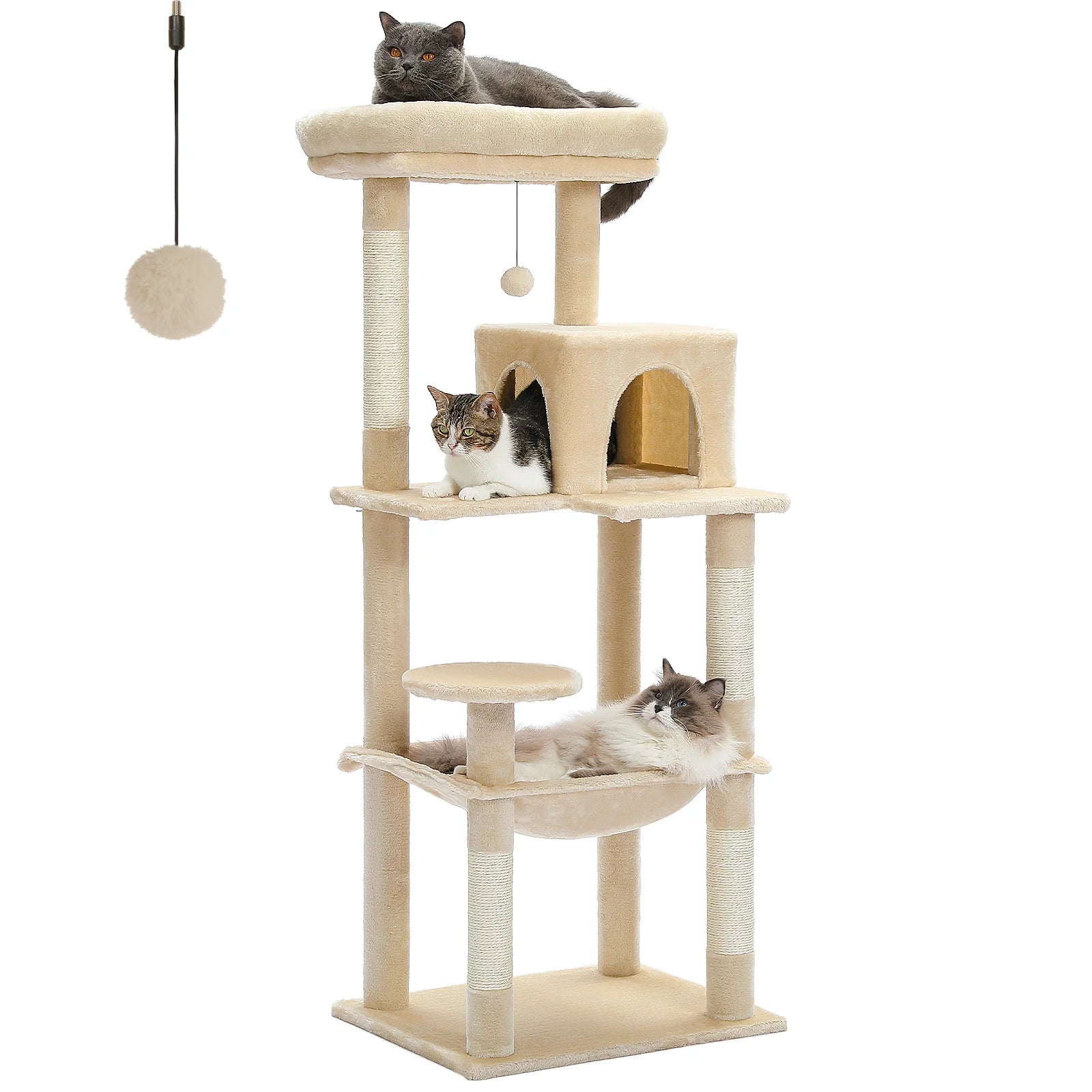 Arbre à chat maine coon beige avec plateformes superposées, maisonnette, hamac suspendu, perchoir supérieur et pompom