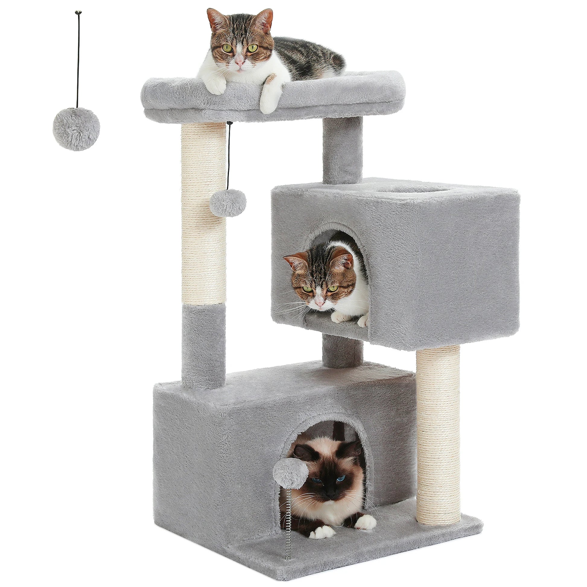 Arbre à chat maine coon gris avec deux abris superposes, plateforme surelevee, poteaux griffoir en sisal et deux pompoms suspendus