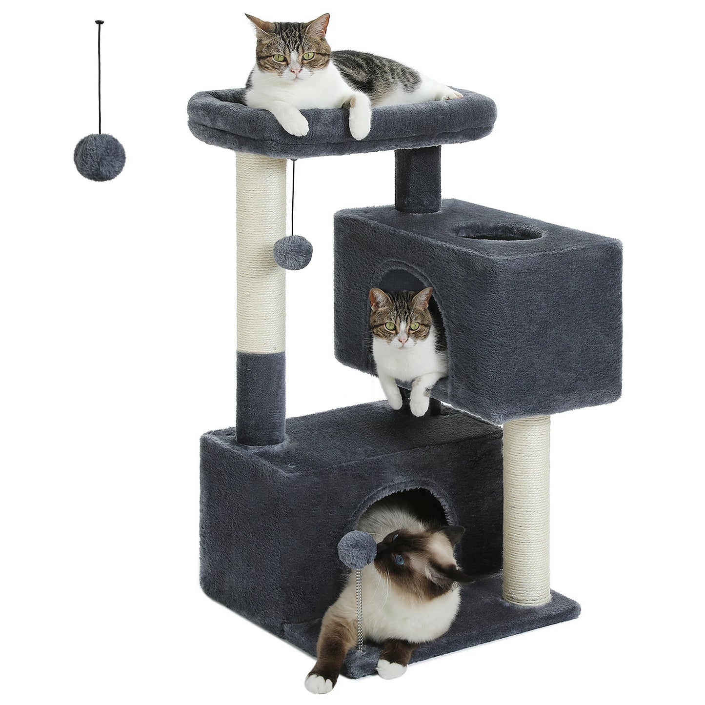 Arbre à chat maine coon gris avec deux maisonnettes superposees, plateforme superieure, poteaux griffoir en sisal et deux pompoms