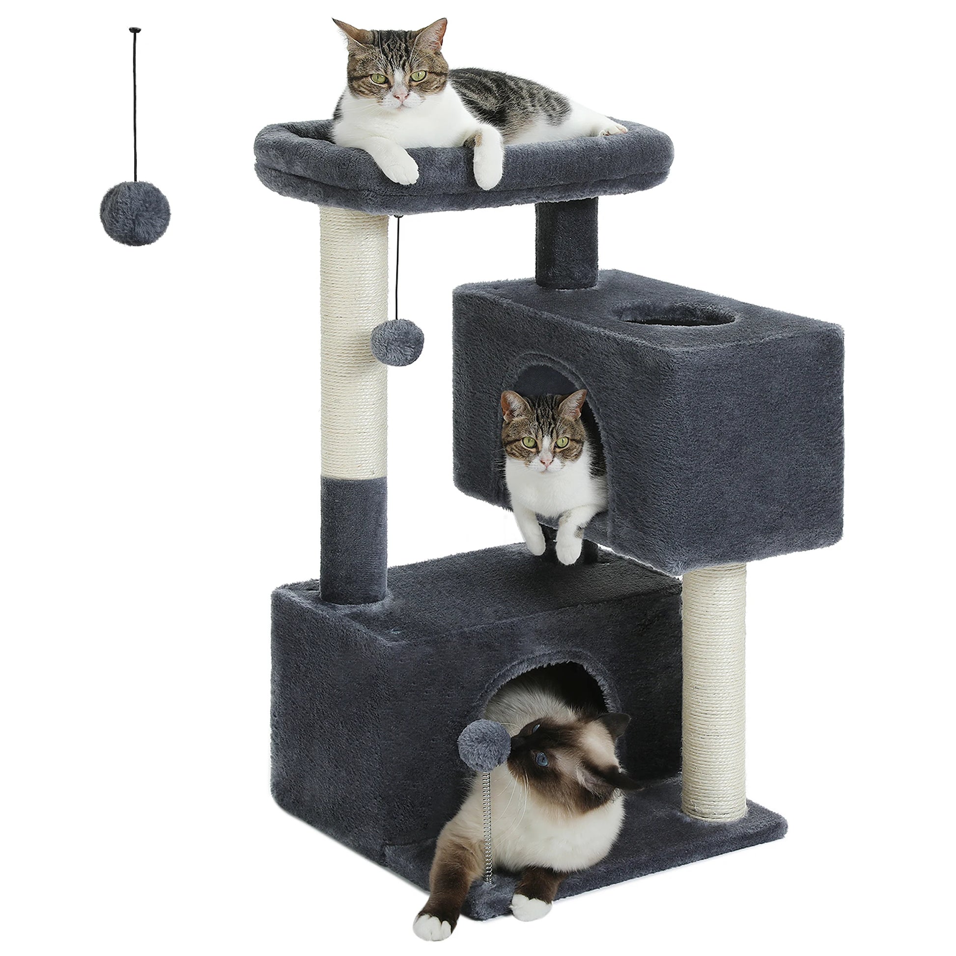 Arbre à chat maine coon gris avec deux maisonnettes superposees, plateforme superieure, poteaux griffoir en sisal et deux pompoms