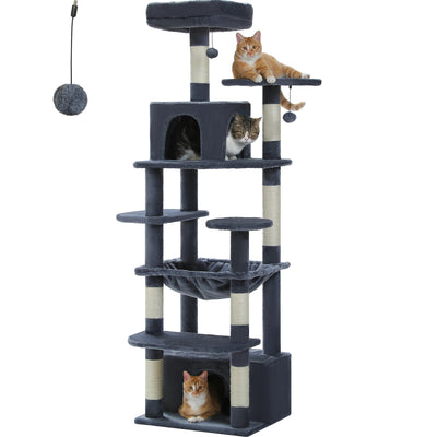 Arbre a chat xxl 164 cm avec cabanons panier hamac plateformes et poteaux griffoirs en sisal