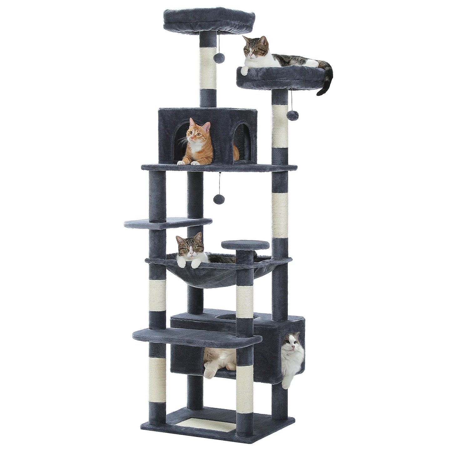 Arbre à chat XXL 184 cm, 2 cabanes, nombreux supports, 2 tours d'observation, balles et poteaux à griffer - Saloki
