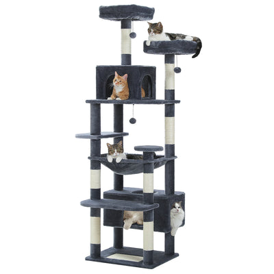 Arbre à chat XXL 184 cm, 2 cabanes, nombreux supports, 2 tours d'observation, balles et poteaux à griffer - Saloki