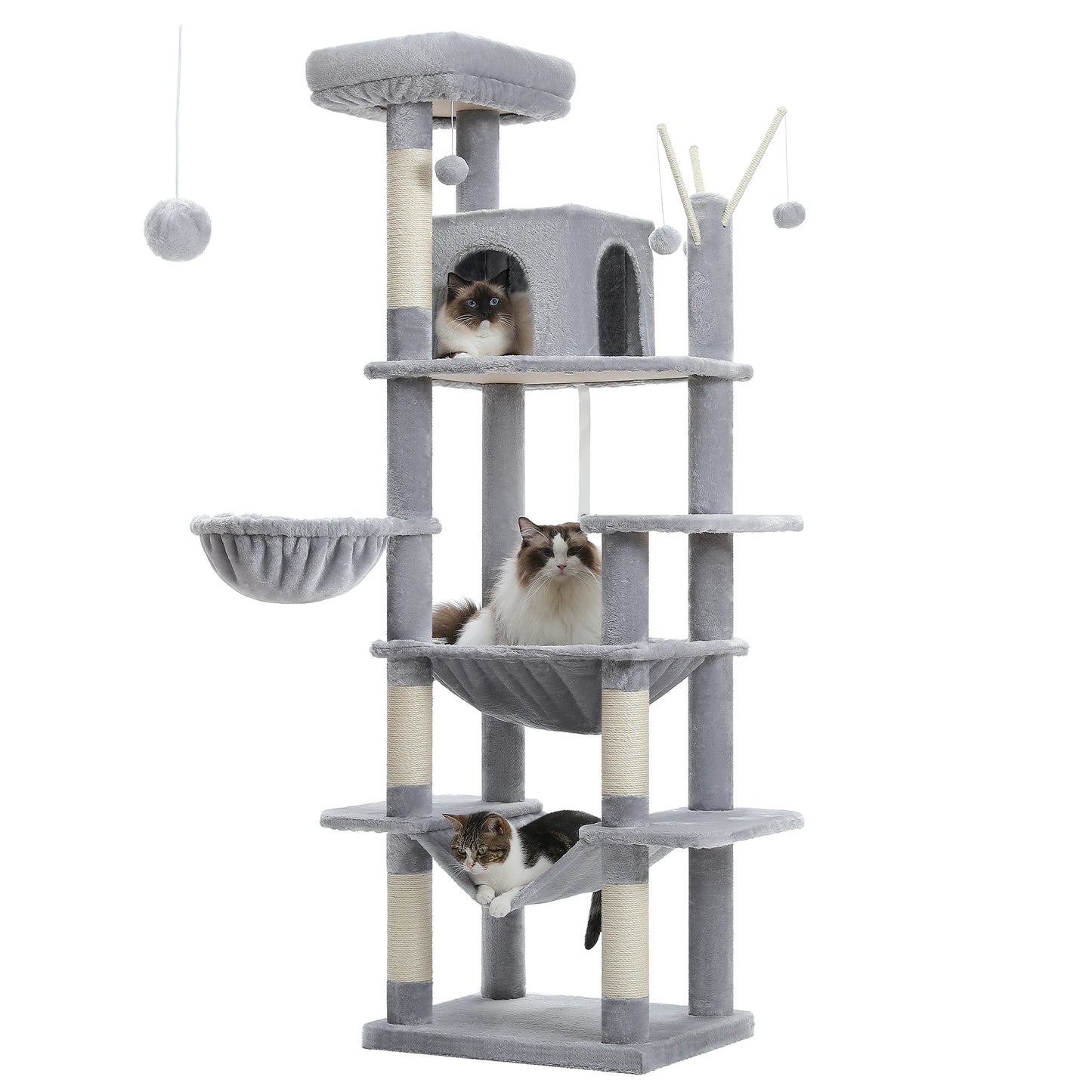 Arbre à chat maine coon gris avec multiples etages, paniers suspendus, condo superieur, niche en hauteur et balles