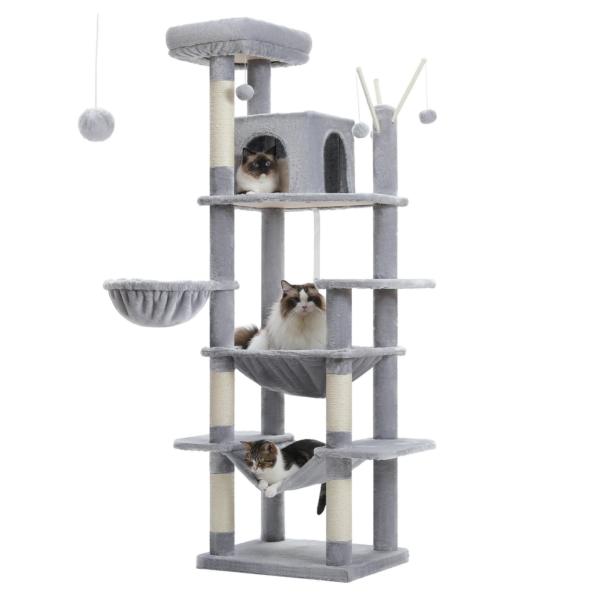 Arbre à chat maine coon gris avec multiples etages, paniers suspendus, condo superieur, niche en hauteur et balles