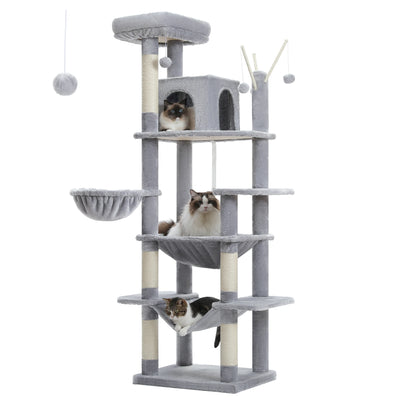 Arbre à chat maine coon gris avec multiples etages, paniers suspendus, condo superieur, niche en hauteur et balles
