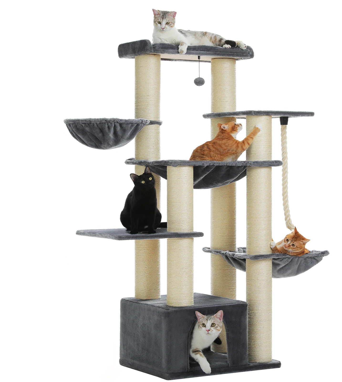 Arbre à chat maine coon gris avec plusieurs niveaux, paniers suspendus, condo bas, plateformes, corde a griffer et poteaux en sisal