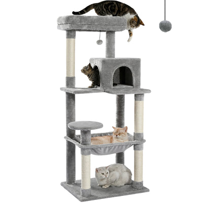 Arbre à chat maine coon gris avec plateformes superposees, cabanon ferme, hamac suspendu et pompom