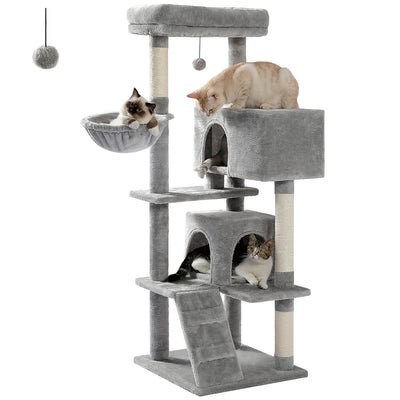 Arbre à chat maine coon gris avec plusieurs plateformes, deux condos, panier suspendu, rampe d acces et poteaux griffoir en sisal