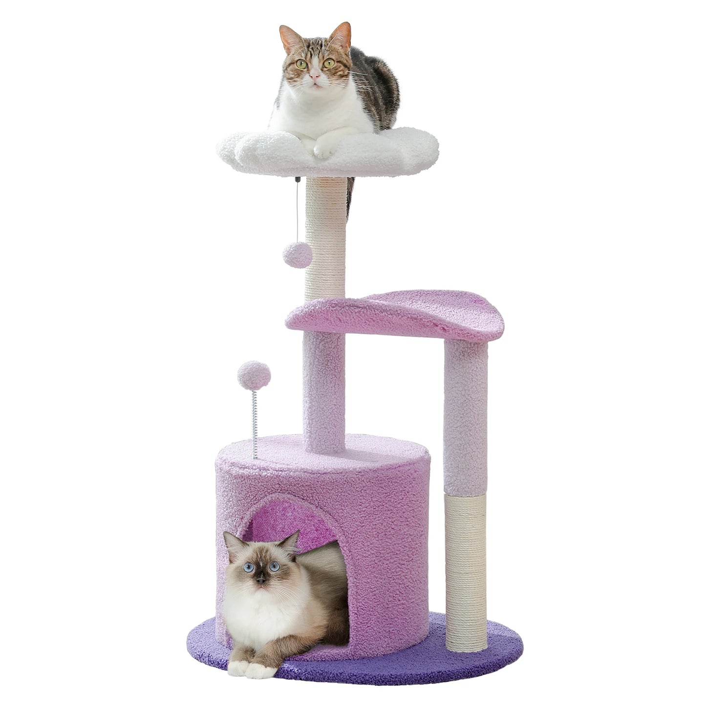 Arbre à chat maine coon rose et violet avec abri arrondi, lit superieur blanc, poteaux griffoir en sisal et deux balles