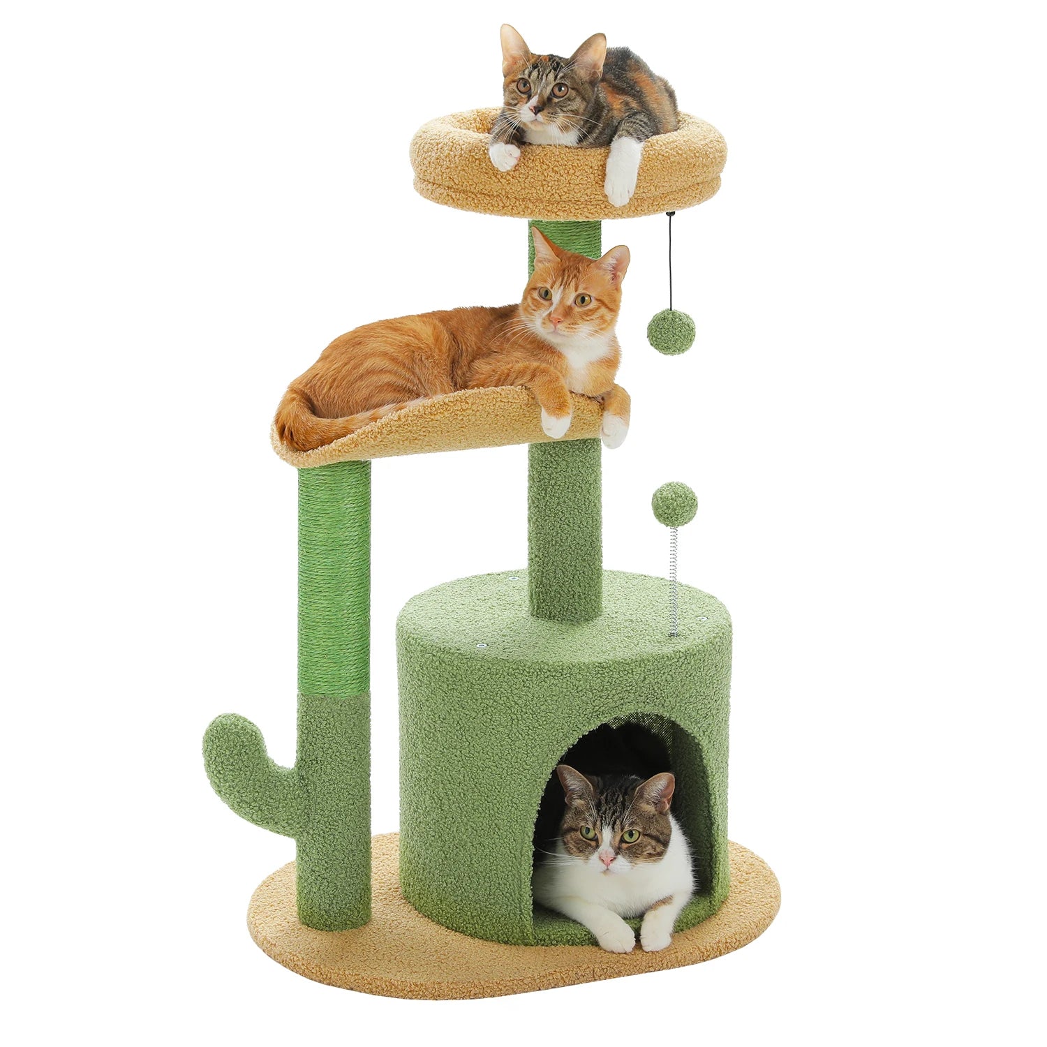 Arbre à chat maine coon vert avec cabane arrondie, plateformes superieures, griffoir en sisal forme cactus et deux jouets suspendus