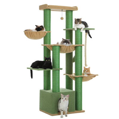 Arbre à chat maine coon vert avec maisonnette basse, paniers suspendus, plateformes, poteaux griffoir en sisal et corde