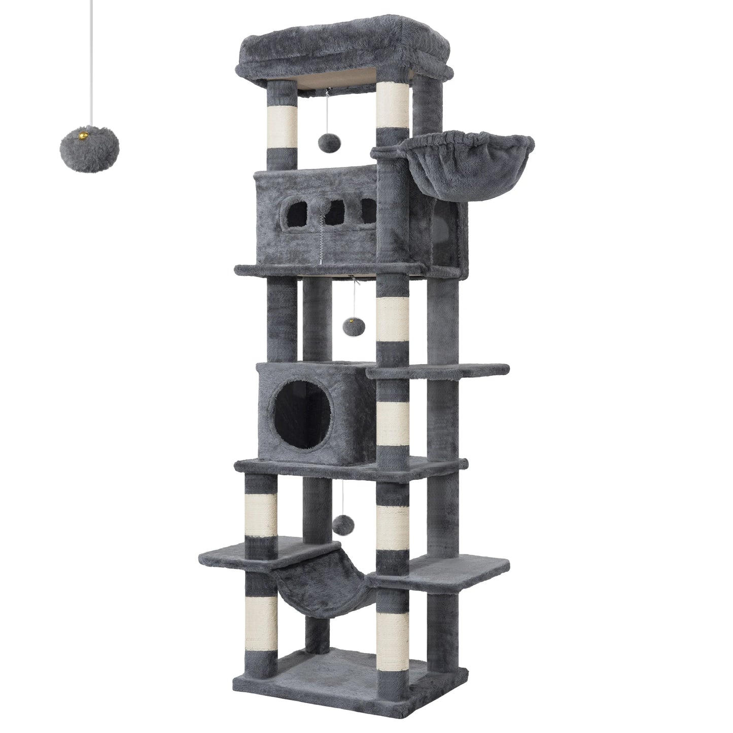 Arbre a chat xxl de 170 cm avec deux maisonnettes panier plateformes et poteaux griffoirs en sisal
