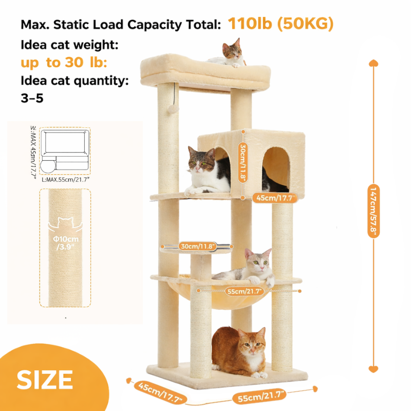 Arbre à chat maine coon doté de panier, condo, tour d'observation, balle et poteaux griffoir en sisal - Salti