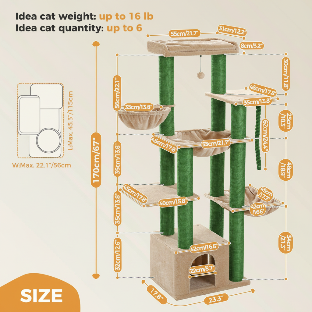 Arbre à chat maine coon qui comprend une maisonnette, nombreux supports, 2 paniers, corde et poteaux à griffer en sisal - Berra
