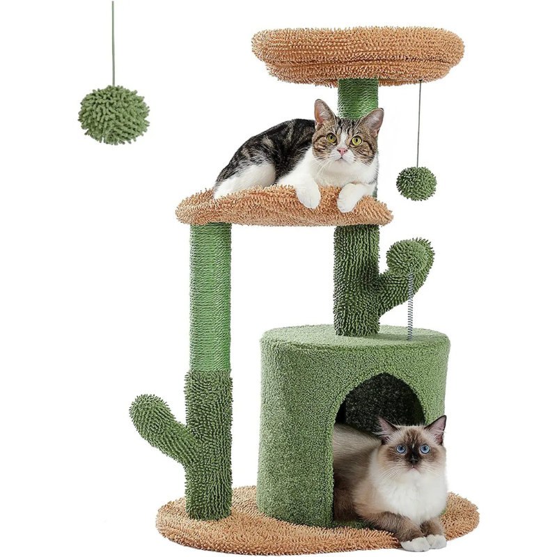 Petit arbre a chat 83 cm avec cabanon perchoir en hauteur et poteaux griffoirs en sisal