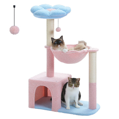 Petit arbre a chat 89 cm avec cabane panier suspendu plateforme et poteaux griffoirs en sisal