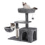 Petit arbre a chat gris avec cabane panier suspendu plateforme haute et poteau griffoir en sisal
