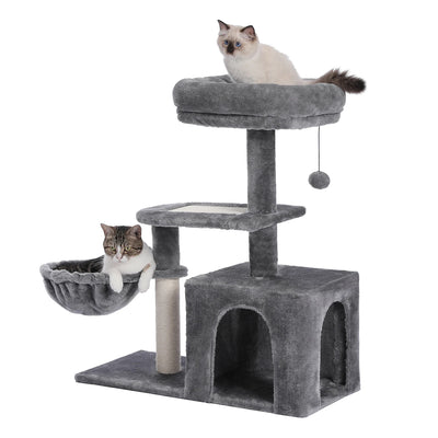 Petit arbre a chat gris avec cabane panier suspendu plateforme haute et poteau griffoir en sisal