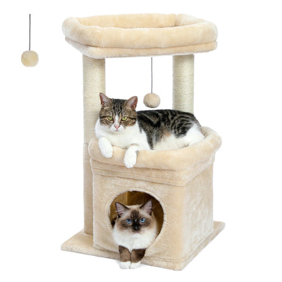 Petit arbre a chat beige avec cabane plateforme haute poteaux griffoir sisal et pompon suspendu