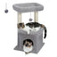 Petit arbre a chat gris avec cabanon plateforme haute poteaux griffoir en sisal et balle suspendue