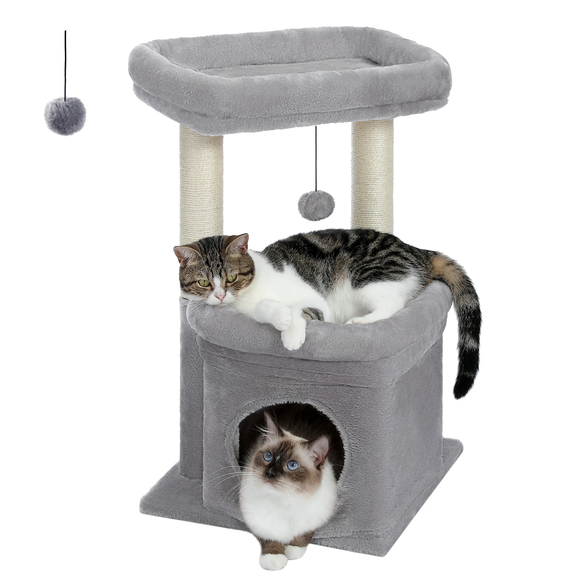 Petit arbre a chat gris avec cabanon plateforme haute poteaux griffoir en sisal et balle suspendue