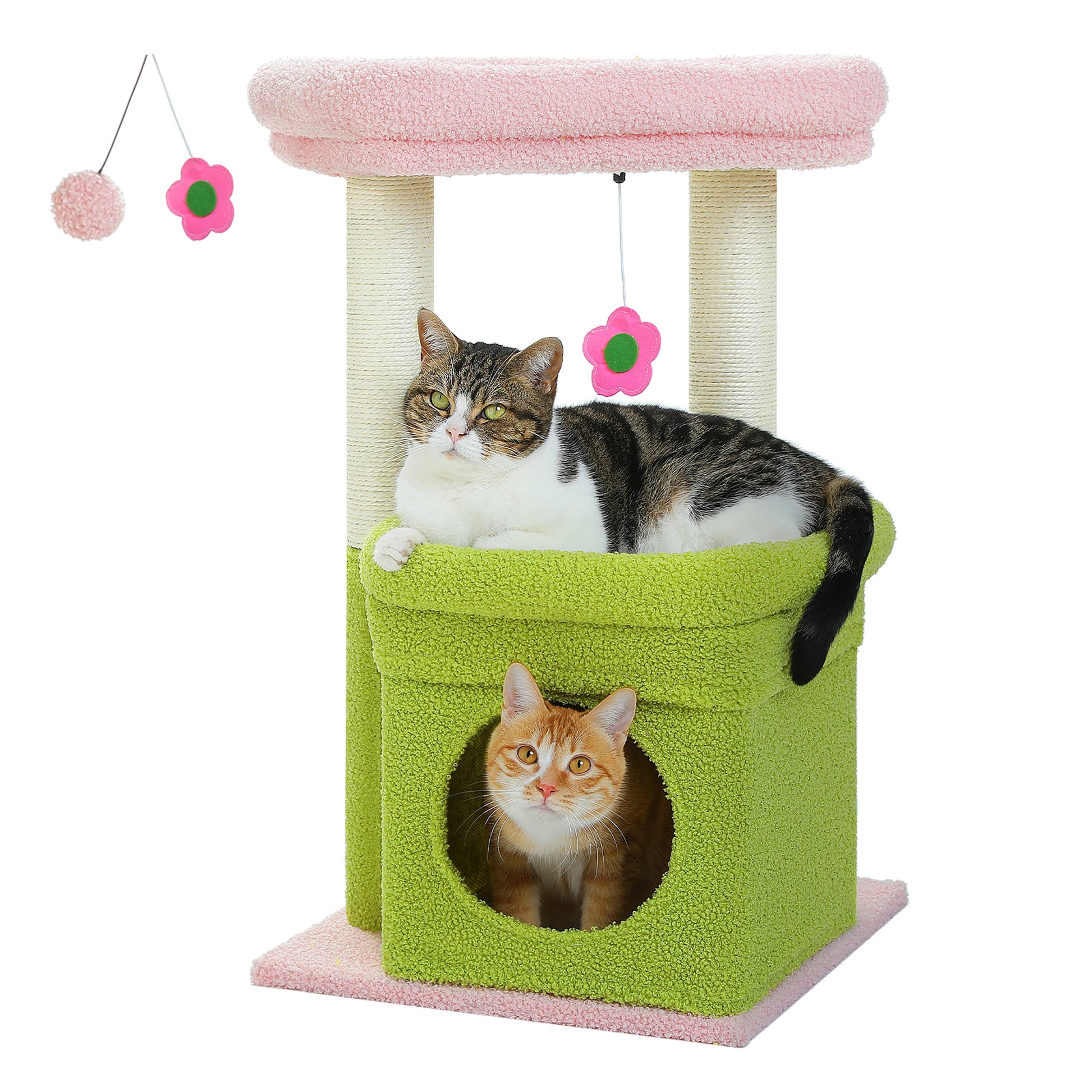 Petit arbre a chat vert et rose avec condo plateforme lit en hauteur poteaux griffoir et pompon