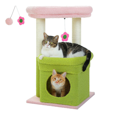 Petit arbre a chat vert et rose avec condo plateforme lit en hauteur poteaux griffoir et pompon