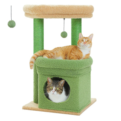 Petit arbre a chat vert avec maisonnette plateforme haute poteaux griffoir en sisal et pompon